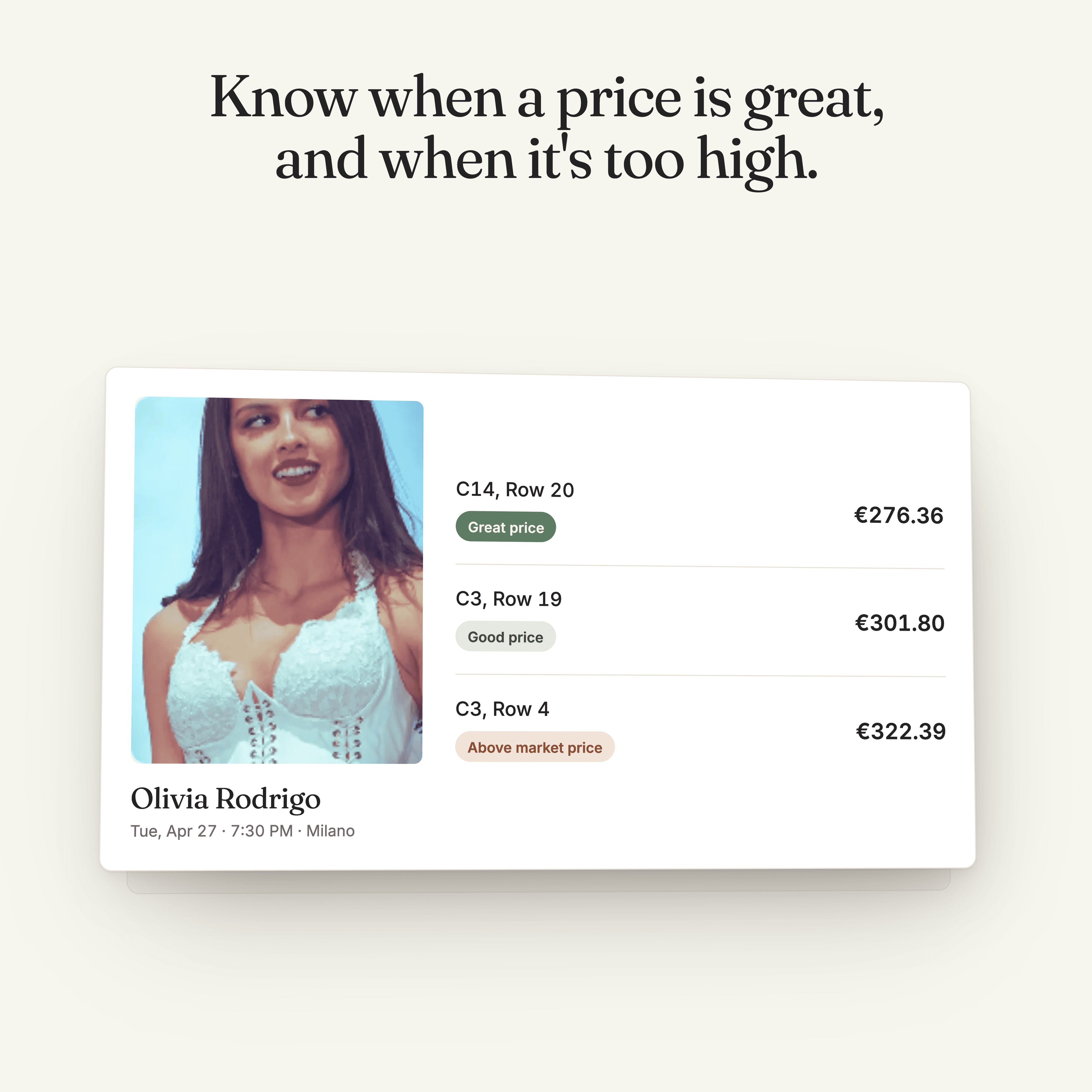 Illustration of Olivia Rodrigo ticket offers labeled Great price, Good price and Above market price.